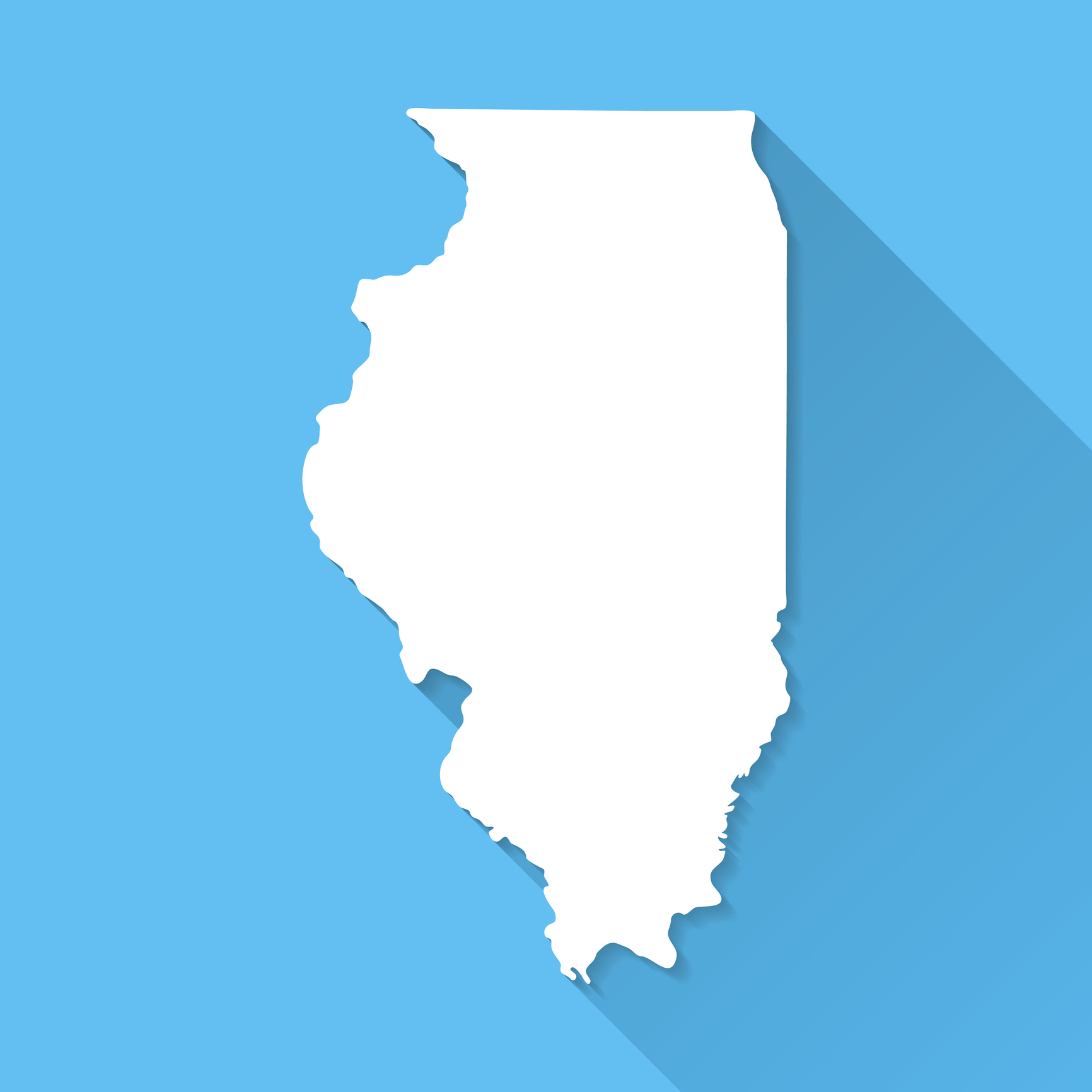 Illinois Map on Blue Background, Long Shadow, Flat Design